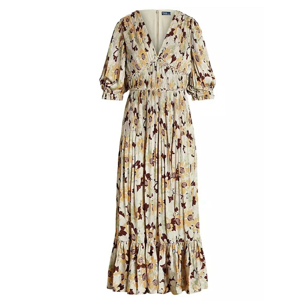 Polo by Ralph Lauren Cream Floral Maxi Dress with Brown and Yellow Accents